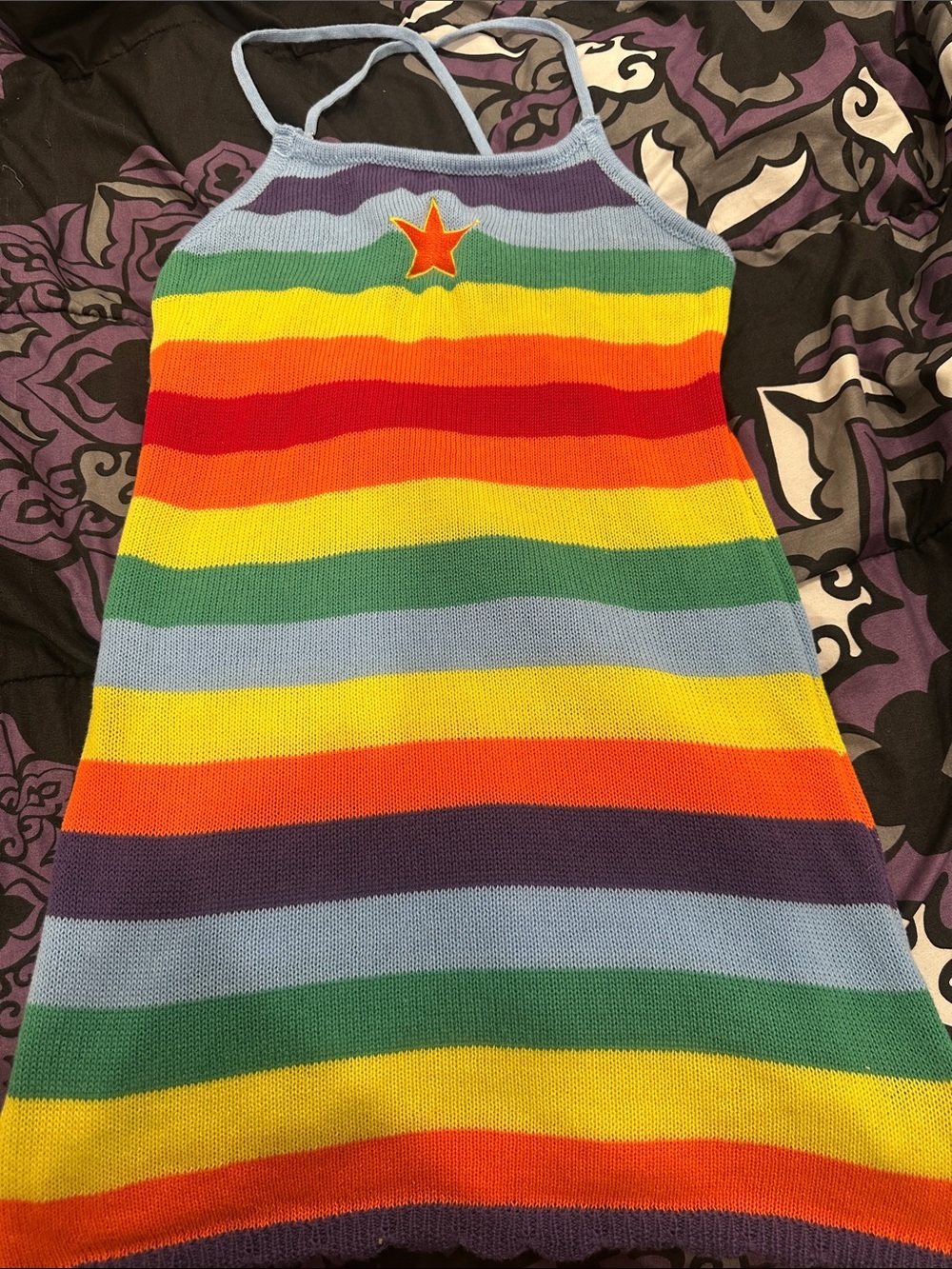 Rainbow Striped Knit Sundress with Star Patch